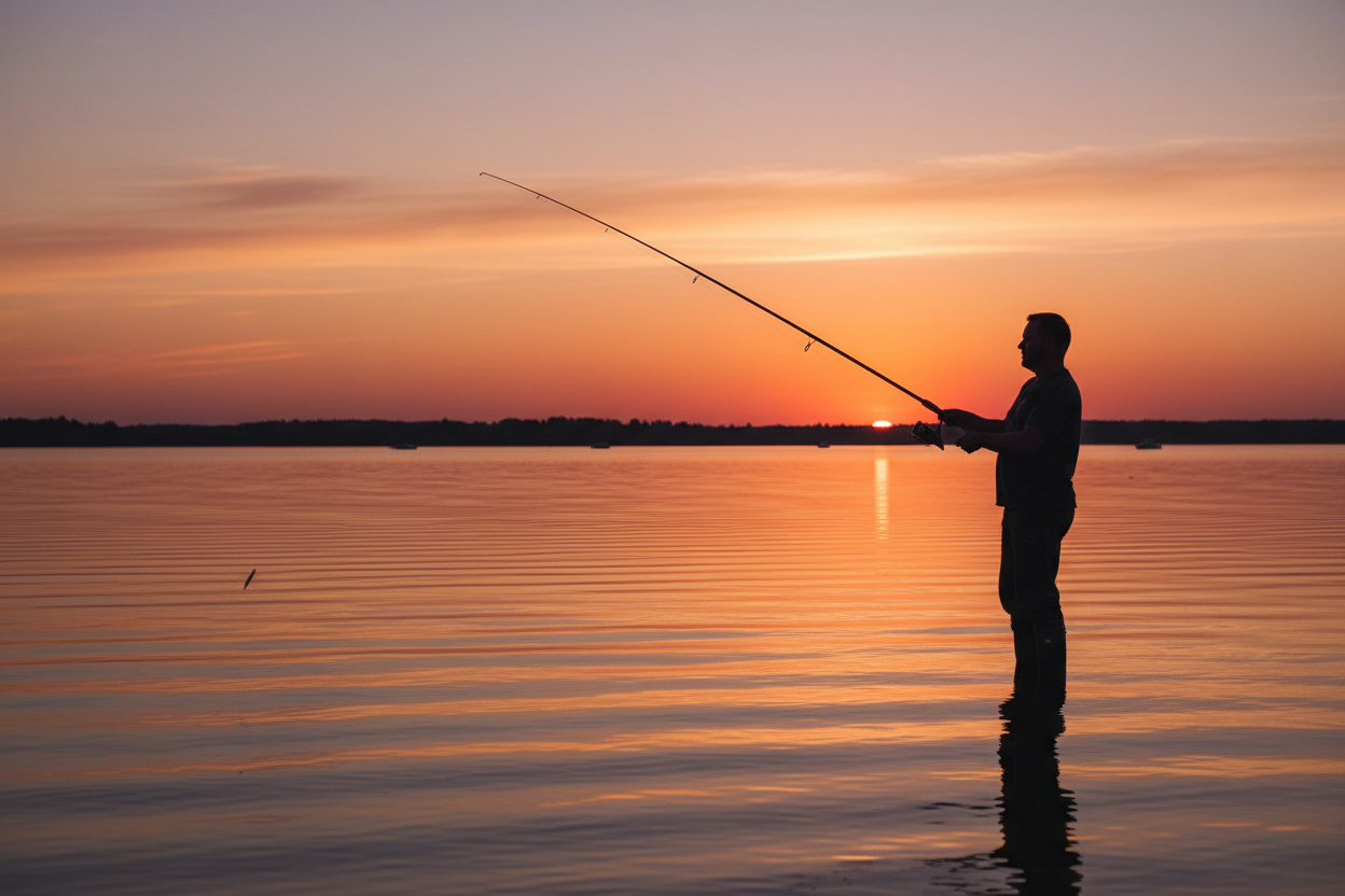 homme qui peche sous un coucher de soleil