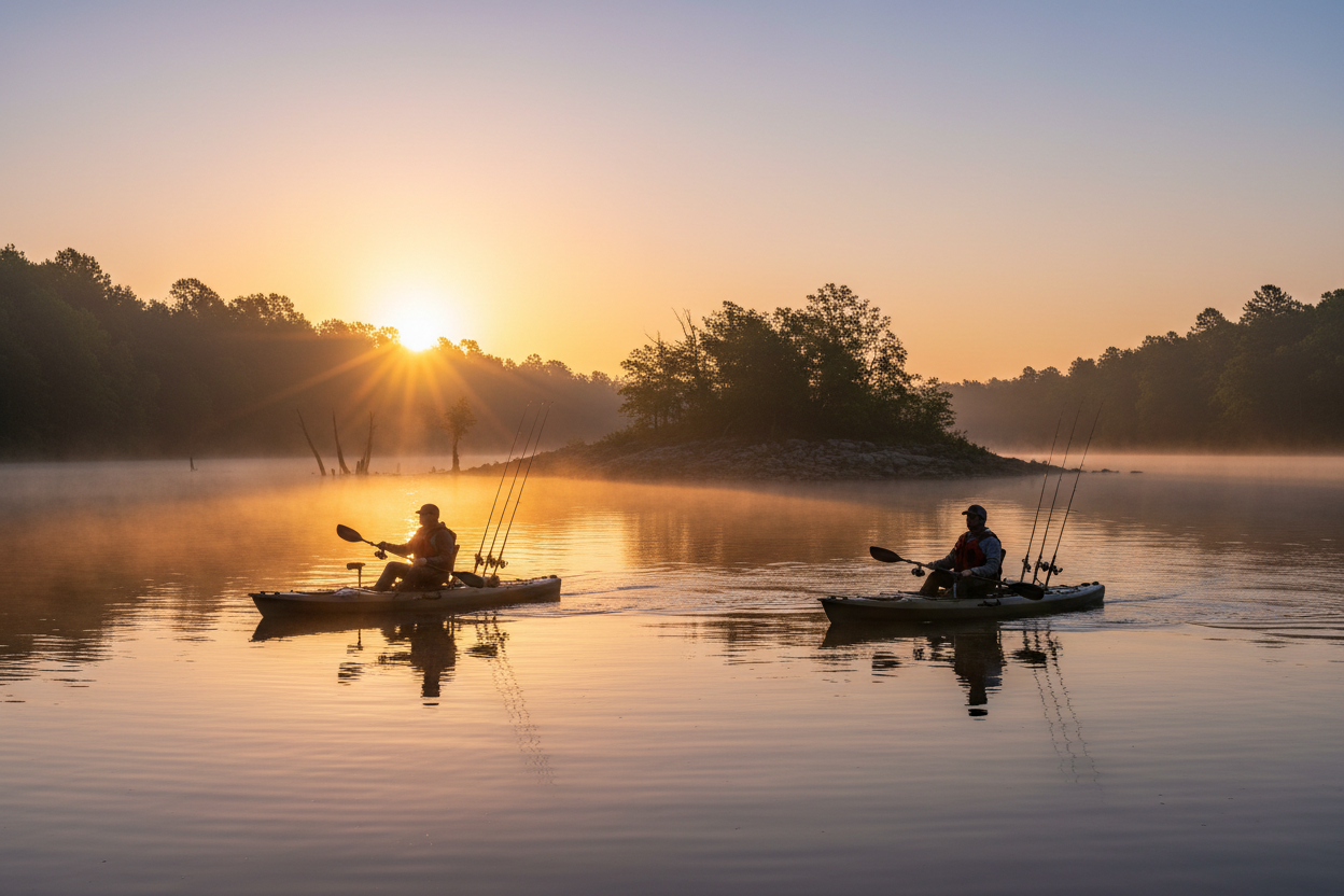 un couple au matin filant sur un lac dans leurs kayak de peche vers une destination ideal pour les premierslancé de la journée